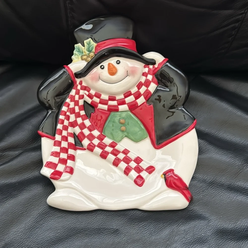 Fitz and Floyd Holly Jolly Snowman Plate with Red Checked Scarf from 2004